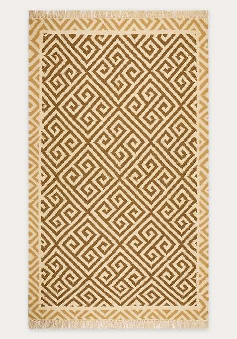 100% Wool Handmade Beige Brown Rug | Bohemian Geometric Flat Weave Reversible Carpet For Living Room