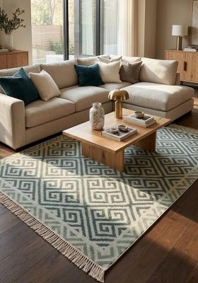 Saffron Rugs Flat Woven Sage Green Geometric Bohemian Rectangular Wool Area Rug