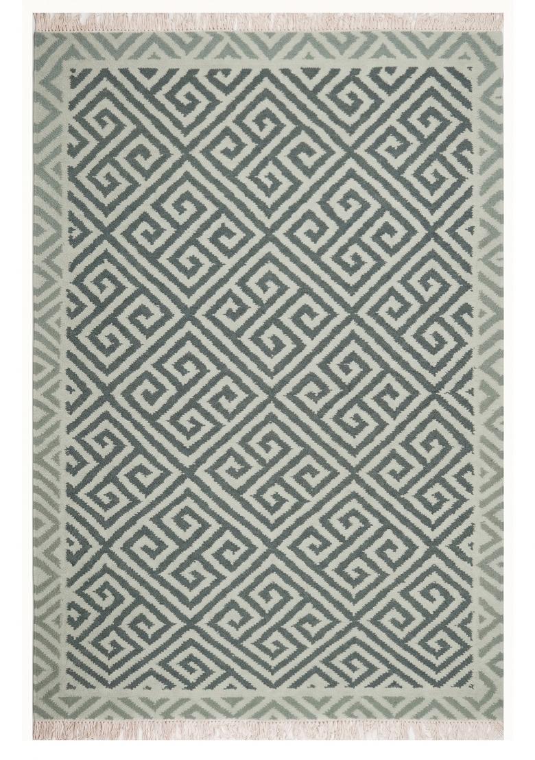 Saffron Rugs Flat Woven Sage Green Geometric Bohemian Rectangular Wool Area Rug - Indya