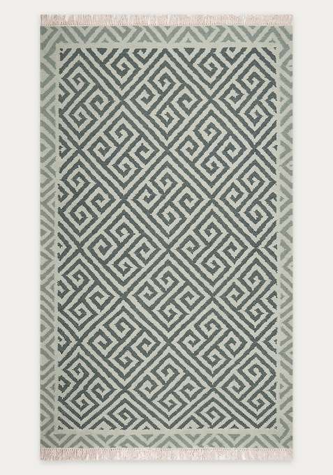 100% Wool Handmade Sage Green Rug | Bohemian Geometric Flat Weave Reversible Carpet For Living Room