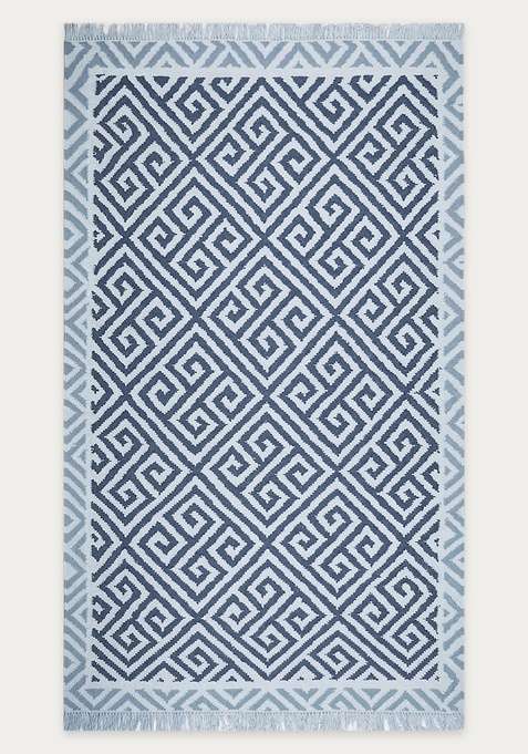 100% Wool Handmade Blue Rug | Bohemian Geometric Flat Weave Reversible Carpet For Living Room