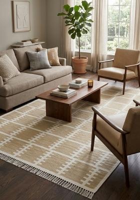 Saffron Rugs Flat Woven Beige Trellis Scandinavian Rectangular Wool Area Rug