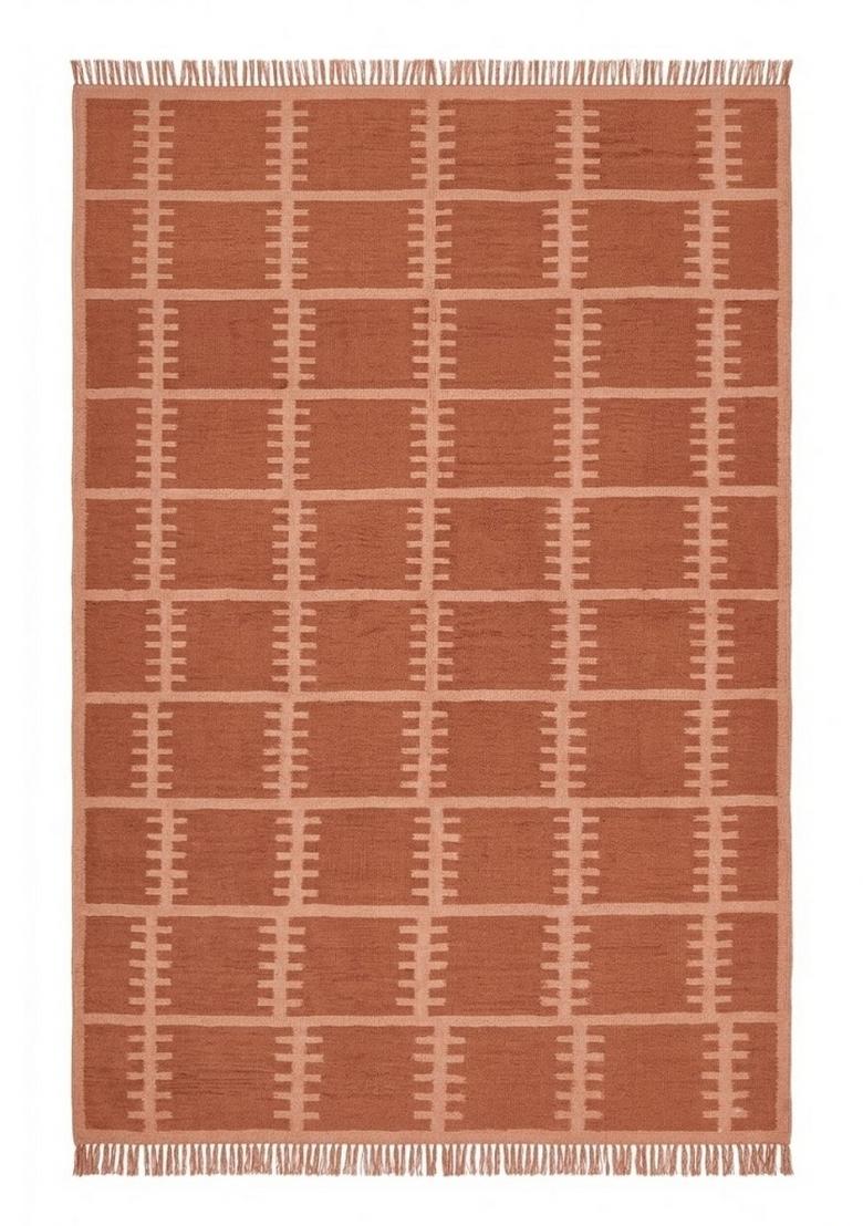 Saffron Rugs Flat Woven Terracotta Trellis Scandinavian Rectangular Wool Area Rug - Indya