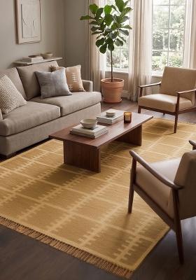 Saffron Rugs Flat Woven Mustard Yellow Trellis Scandinavian Rectangular Wool Area Rug