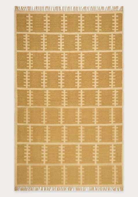 100% Wool Handmade Mustard Yellow Rug | Scandinavian Trellis Flat Weave Reversible Carpet For Living Room