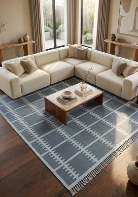 Saffron Rugs Flat Woven Slate Blue Grey Trellis Scandinavian Rectangular Wool Area Rug