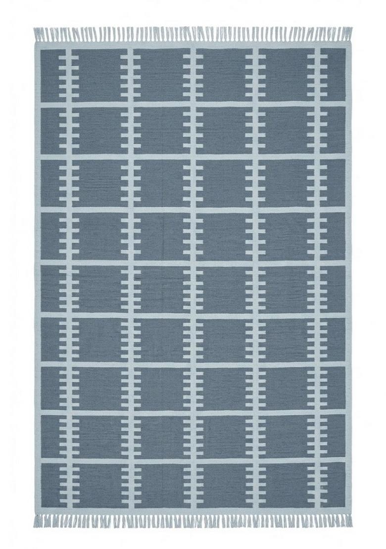 Saffron Rugs Flat Woven Slate Blue Grey Trellis Scandinavian Rectangular Wool Area Rug - Indya