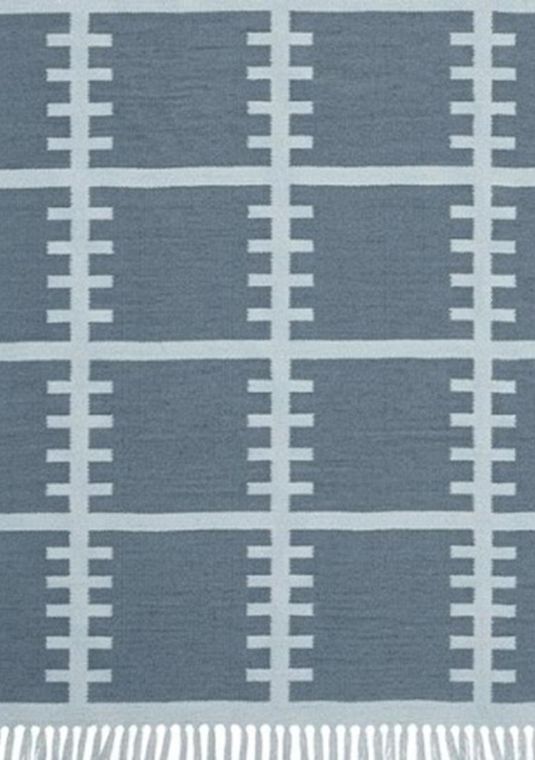 Saffron Rugs Flat Woven Slate Blue Grey Trellis Scandinavian Rectangular Wool Area Rug - Indya