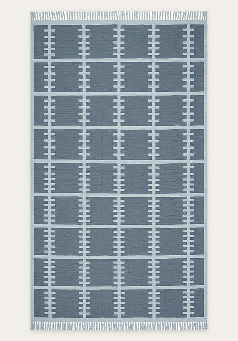 100% Wool Handmade Slate Blue Grey Rug | Scandinavian Trellis Flat Weave Reversible Carpet For Living Room