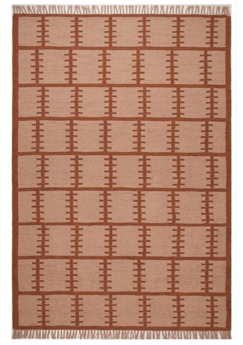 Saffron Rugs Flat Woven Terracotta Beige Geometric Scandinavian Rectangular Wool Area Rug - Indya