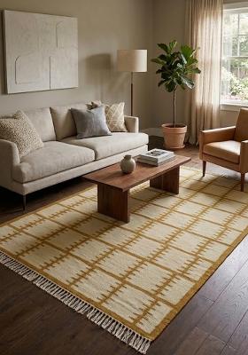 Saffron Rugs Flat Woven Mustard Yellow Geometric Scandinavian Rectangular Wool Area Rug