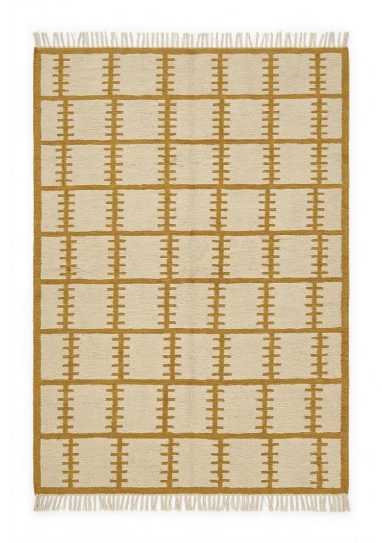 Saffron Rugs Flat Woven Mustard Yellow Geometric Scandinavian Rectangular Wool Area Rug - Indya