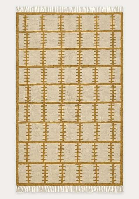100% Wool Handmade Mustard Yellow Rug | Scandinavian Geometric Flat Weave Reversible Carpet For Living Room