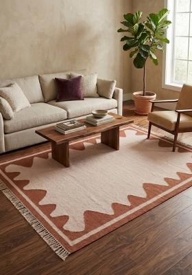 Saffron Rugs Flat Woven Cream Terracotta Geometric Bohemian Rectangular Wool Area Rug