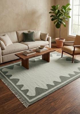 Saffron Rugs Flat Woven Sage Green Geometric Bohemian Rectangular Wool Area Rug