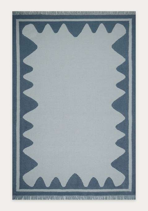100% Wool Handmade Light Blue Rug | Bohemian Geometric Flat Weave Reversible Carpet For Living Room