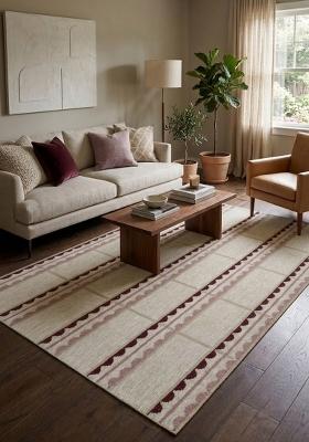 Saffron Rugs Flat Woven Beige Striped Scandinavian Rectangular Wool Area Rug