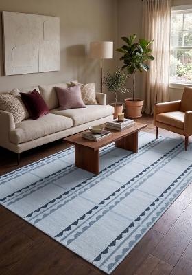 Saffron Rugs Flat Woven Light Blue Striped Scandinavian Rectangular Wool Area Rug