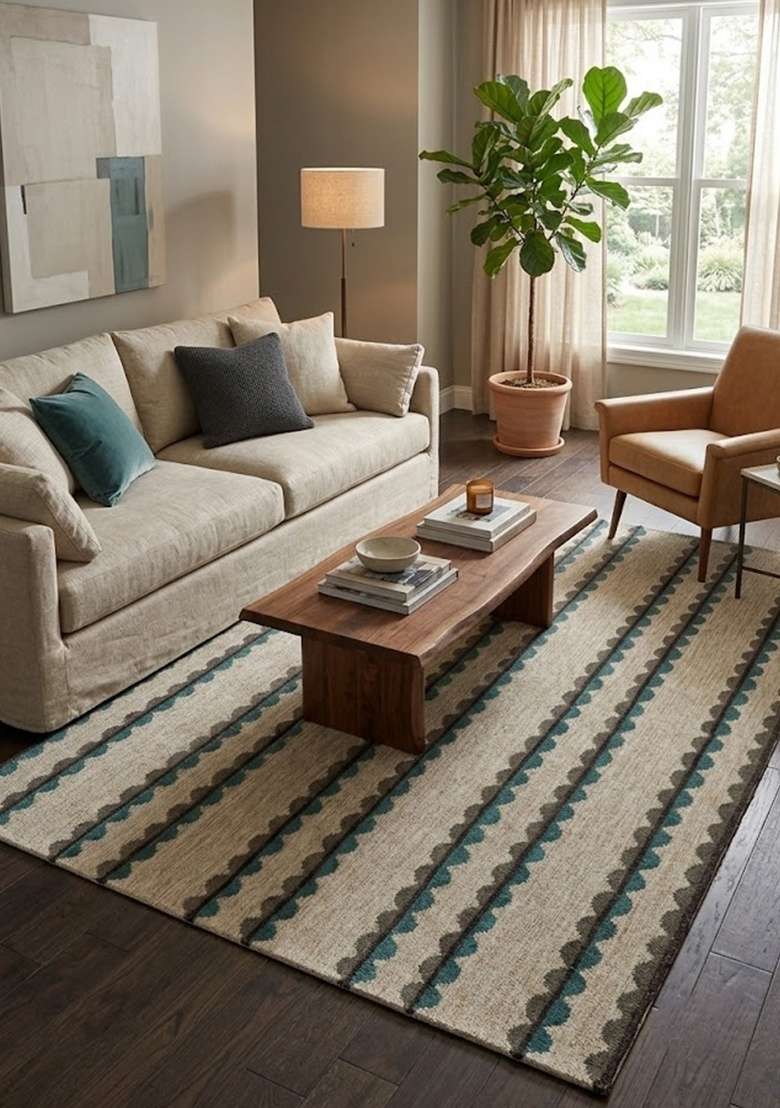 Saffron Rugs Handmade Wool Dhurrie Flat Weave Rectangular Rug – Beige Bohemian Striped Kilim Style Carpet for Living Room, Made in India - Indya