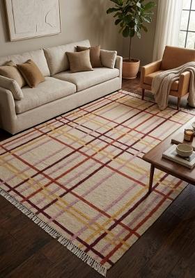 Saffron Rugs Flat Woven Beige Plaid Contemporary Rectangular Wool Area Rug