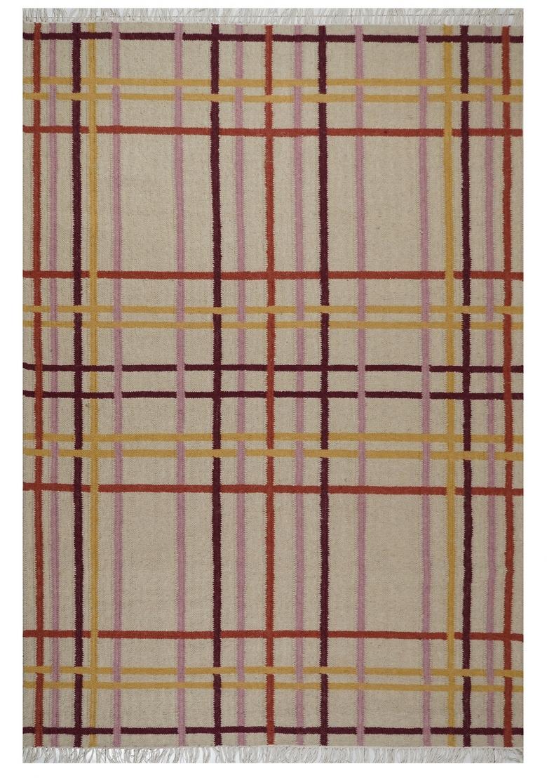 Saffron Rugs Flat Woven Beige Plaid Contemporary Rectangular Wool Area Rug - Indya