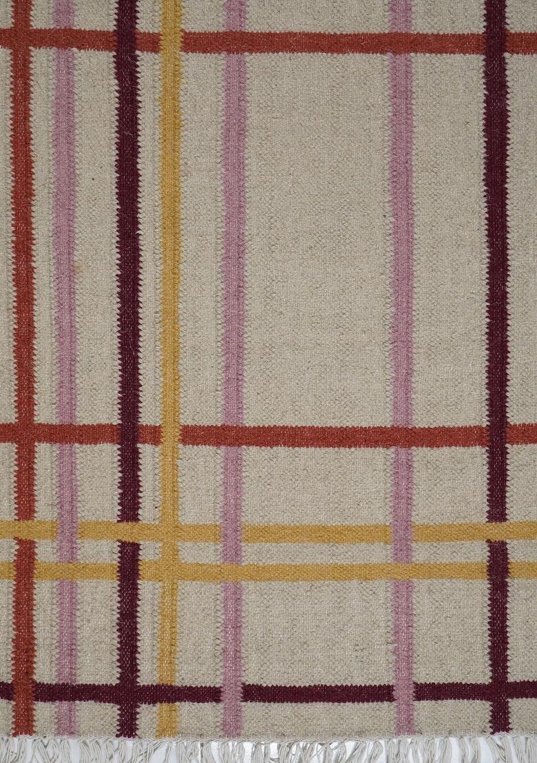 Saffron Rugs Flat Woven Beige Plaid Contemporary Rectangular Wool Area Rug - Indya