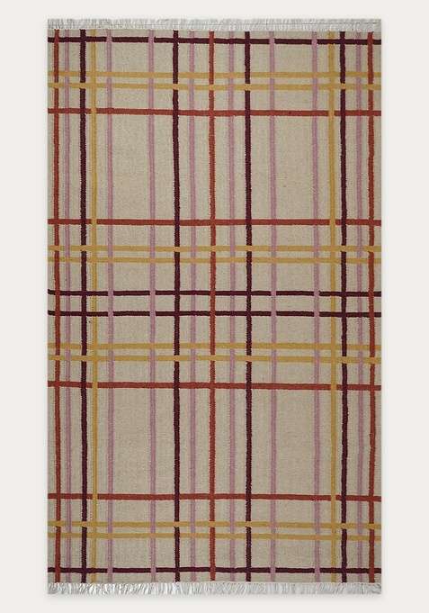 100% Wool Handmade Beige Rug | Contemporary Plaid Flat Weave Reversible Carpet For Living Room