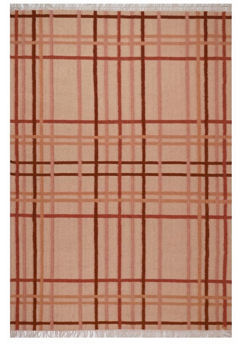 Saffron Rugs Flat Woven Cream Plaid Contemporary Rectangular Wool Area Rug - Indya