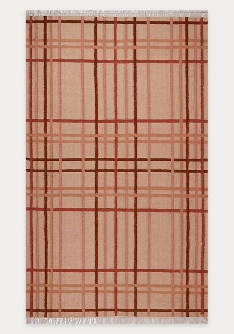 100% Wool Handmade Cream Rug | Contemporary Plaid Flat Weave Reversible Carpet For Living Room