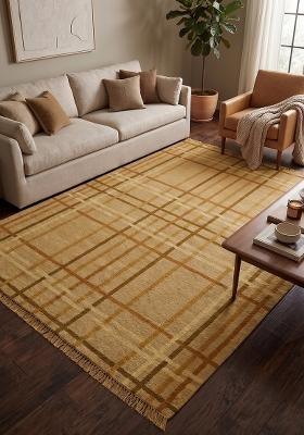 Saffron Rugs Flat Woven Camel Plaid Contemporary Rectangular Wool Area Rug