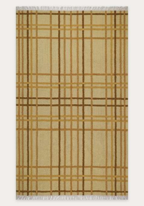 100% Wool Handmade Camel Rug | Contemporary Plaid Flat Weave Reversible Carpet For Living Room