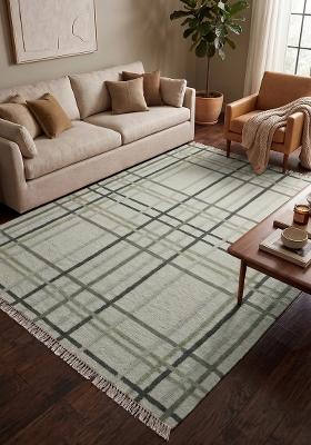 Saffron Rugs Flat Woven Sage Green Plaid Contemporary Rectangular Wool Area Rug