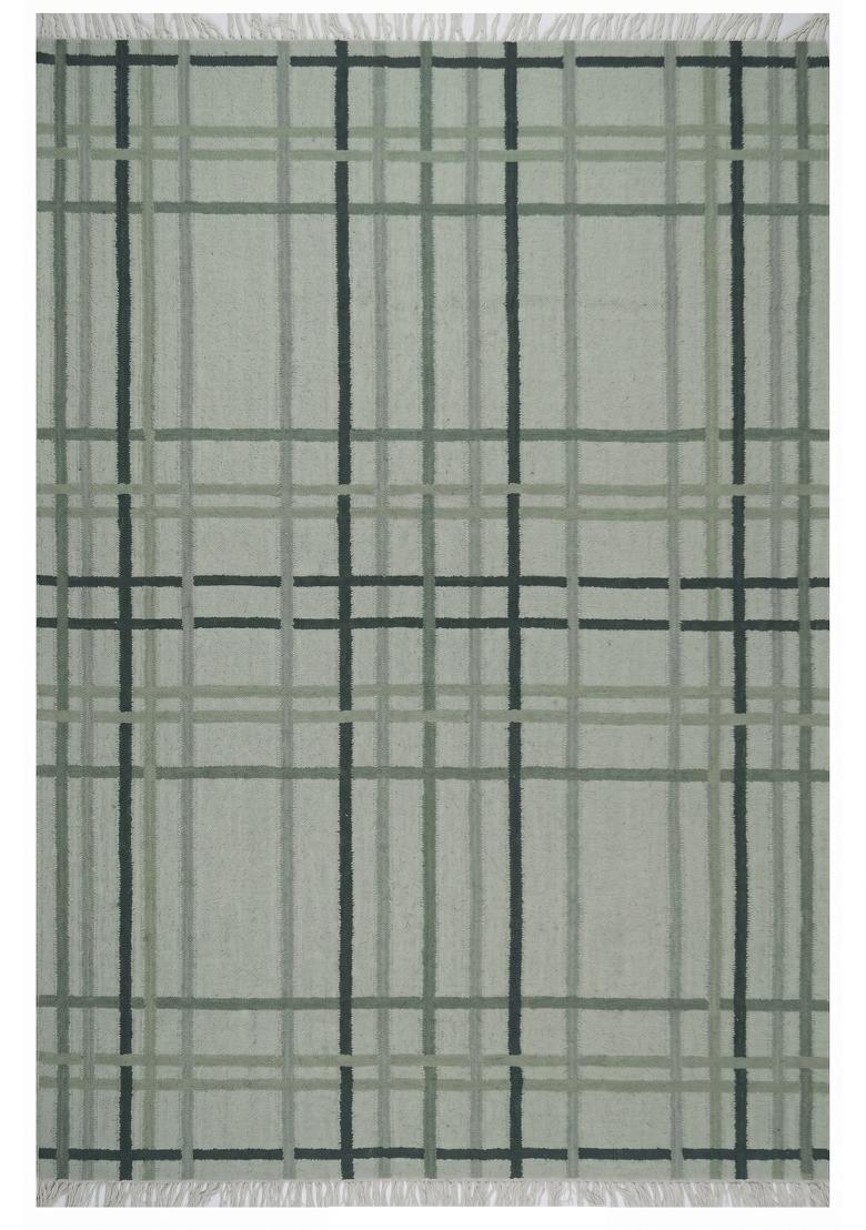 Saffron Rugs Flat Woven Sage Green Plaid Contemporary Rectangular Wool Area Rug - Indya