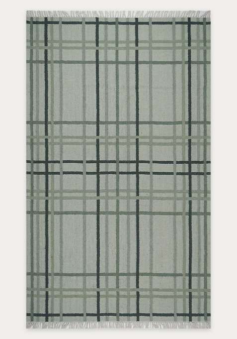 100% Wool Handmade Sage Green Rug | Contemporary Plaid Flat Weave Reversible Carpet For Living Room