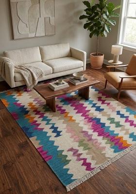 Saffron Rugs Flat Woven Multicolor Chevron Bohemian Rectangular Wool Area Rug