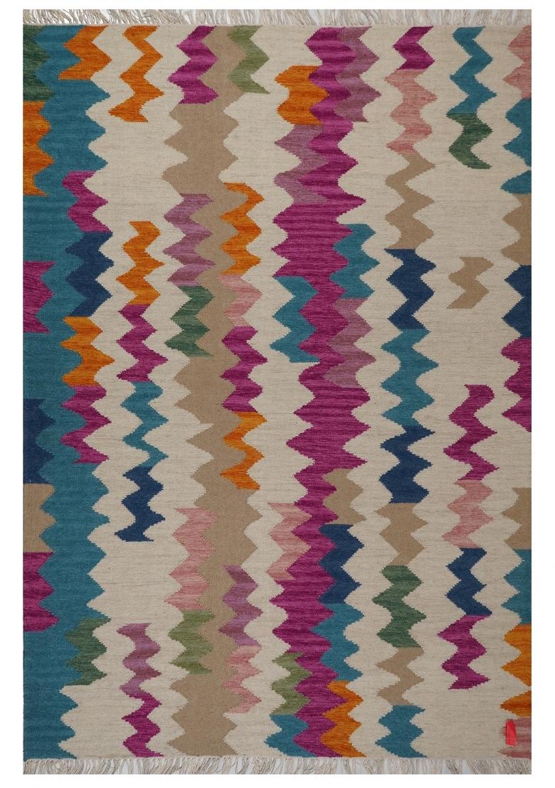 Saffron Rugs Flat Woven Multicolor Chevron Bohemian Rectangular Wool Area Rug - Indya