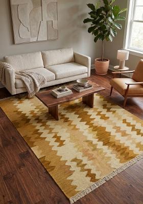 Saffron Rugs Flat Woven Golden Yellow Chevron Bohemian Rectangular Wool Area Rug