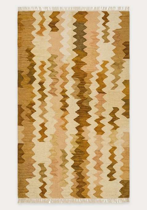 100% Wool Handmade Golden Yellow Rug | Bohemian Chevron Flat Weave Reversible Carpet For Living Room