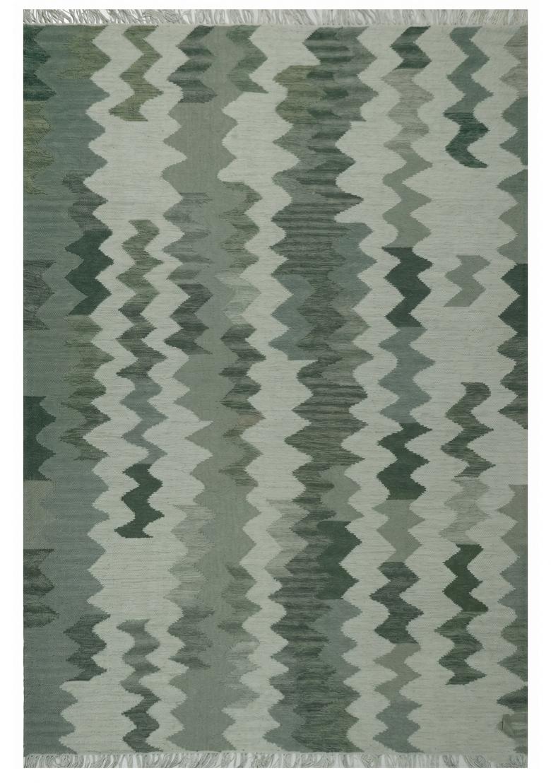 Saffron Rugs Flat Woven Sage Green Chevron Bohemian Rectangular Wool Area Rug - Indya