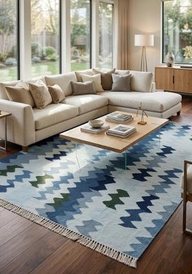 Saffron Rugs Flat Woven Blue Chevron Bohemian Rectangular Wool Area Rug