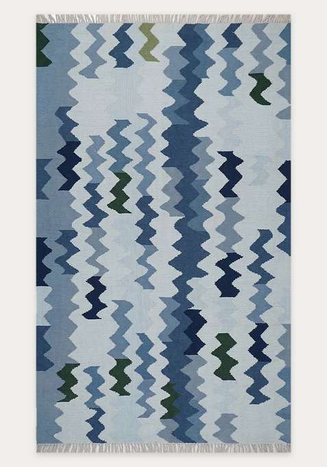 100% Wool Handmade Blue Rug | Bohemian Chevron Flat Weave Reversible Carpet For Living Room