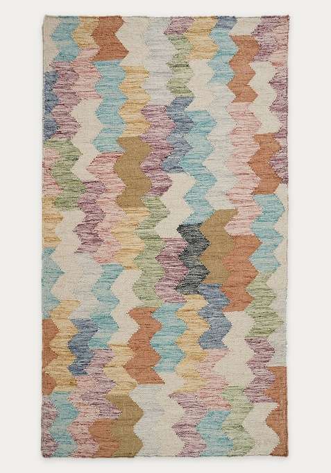 100% Wool Handmade Multicolor Rug | Bohemian Chevron Flat Weave Reversible Carpet For Living Room