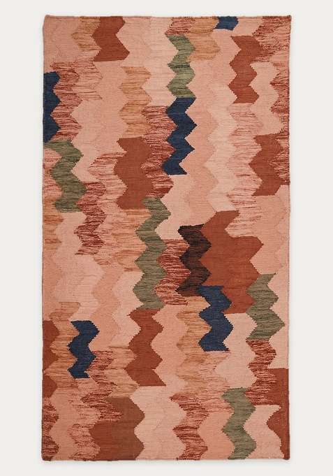 100% Wool Handmade Terracotta Pink Rug | Bohemian Chevron Flat Weave Reversible Carpet For Living Room