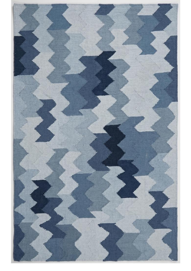 Saffron Rugs Flat Woven Blue Chevron Chevron Bohemian Rectangular Wool Area Rug - Indya