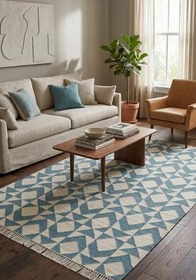 Saffron Rugs Flat Woven Blue and Cream Geometric Bohemian Rectangular Wool Area Rug