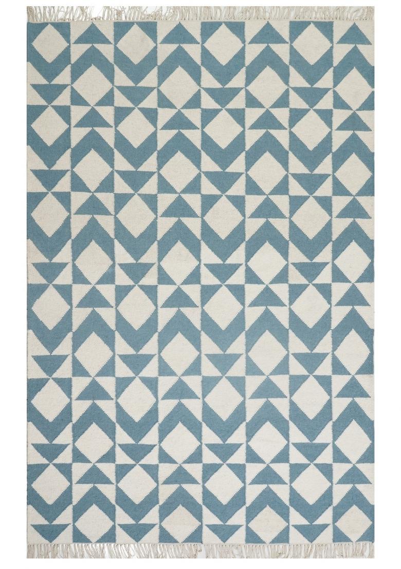 Saffron Rugs Flat Woven Blue and Cream Geometric Bohemian Rectangular Wool Area Rug - Indya