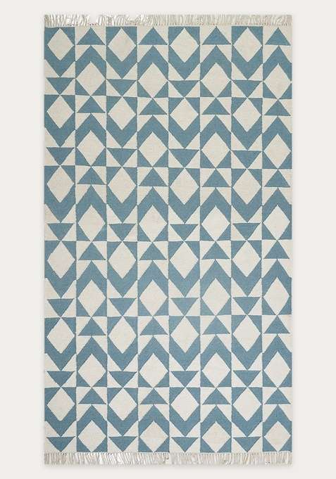 100% Wool Handmade Blue And Cream Rug | Bohemian Geometric Flat Weave Reversible Carpet For Living Room