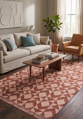 Saffron Rugs Flat Woven Terracotta Pink Geometric Bohemian Rectangular Wool Area Rug