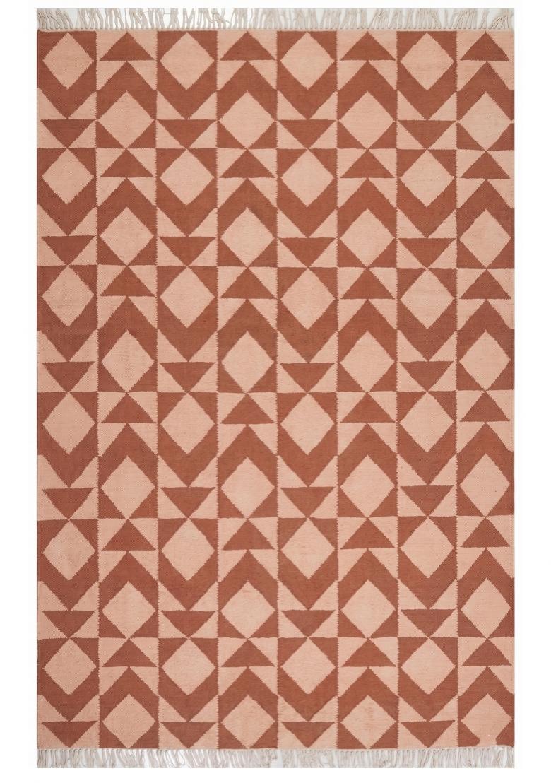 Saffron Rugs Flat Woven Terracotta Pink Geometric Bohemian Rectangular Wool Area Rug - Indya