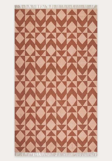 100% Wool Handmade Terracotta Pink Rug | Bohemian Geometric Flat Weave Reversible Carpet For Living Room